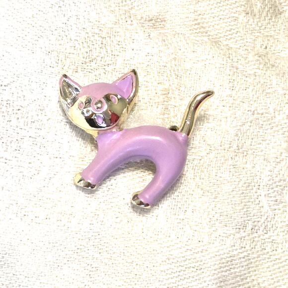 Lavender Silvertone Arched Kitty Cat Pin Brooch MCM Style Retro Whimsy Fairycore - Picture 4 of 7